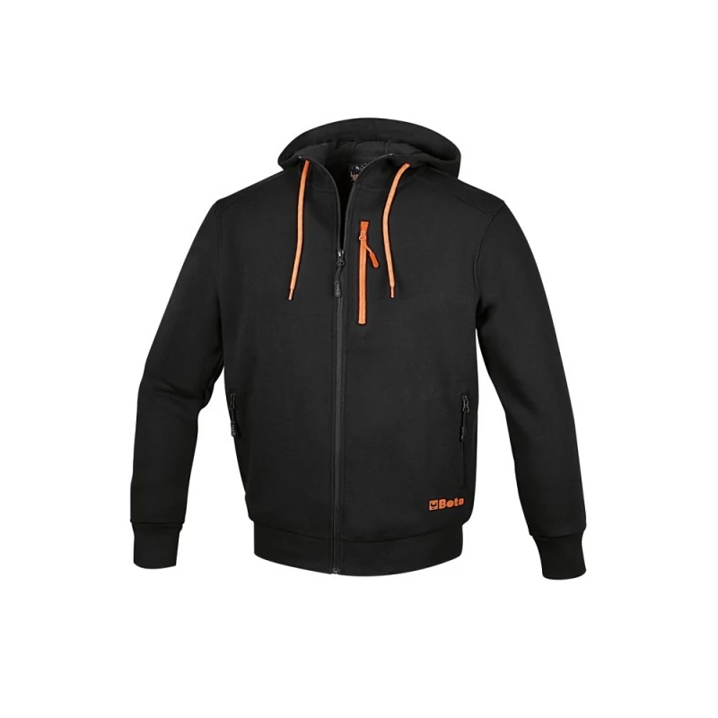 Beta fekete cipzáros,kapucnis pulóver fekete elemekkel narancssárga Beta felirattal az alsó zsebénél