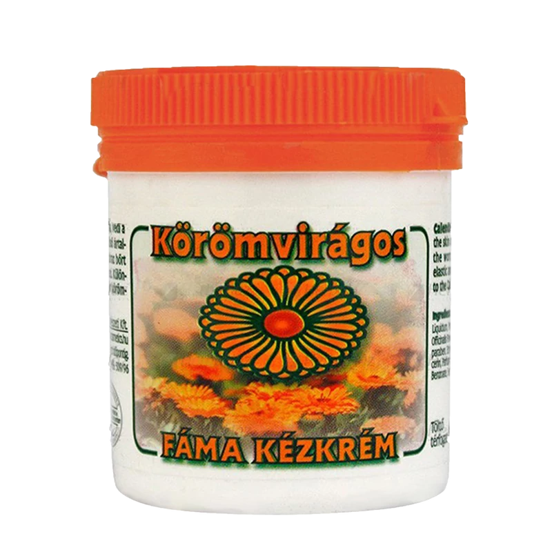 Fáma körömvirágos munkavédelmi kézkrém narancssárga fedéllel fehér tubussal rajta virág mintával narancssárga felirattal
